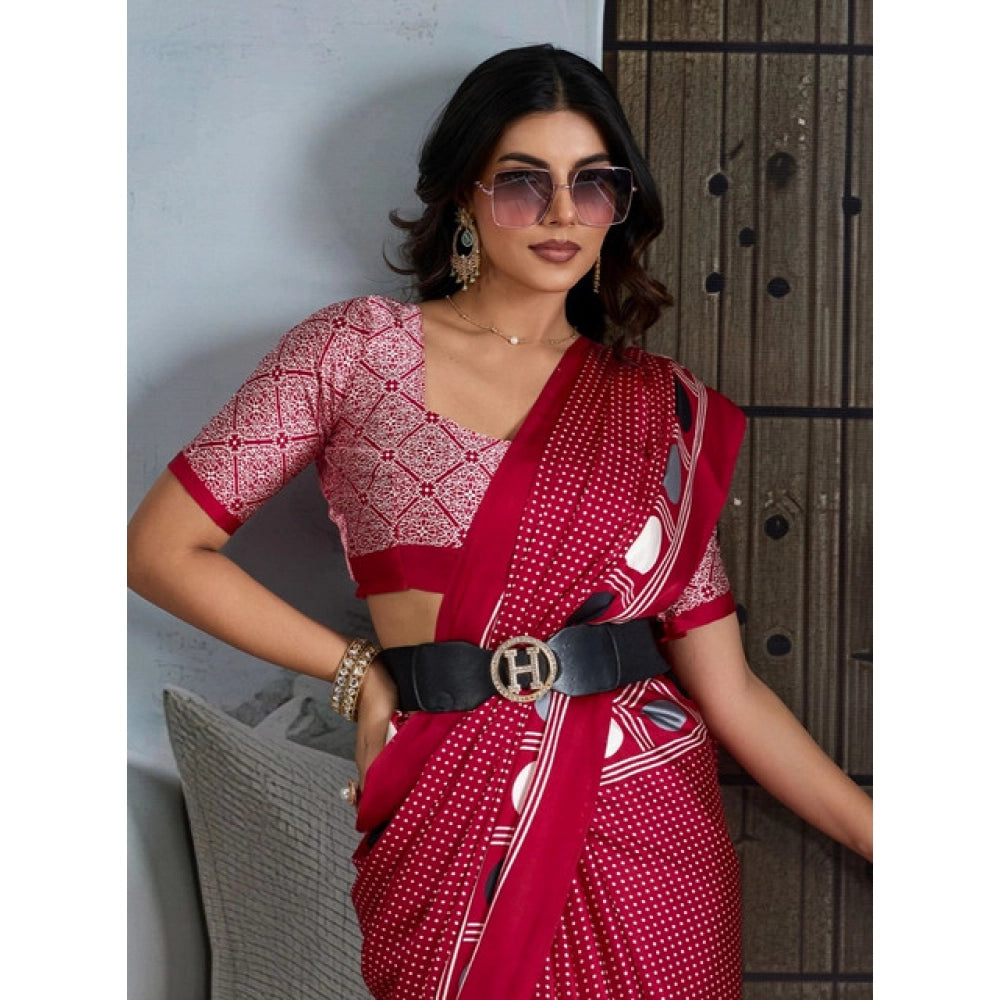 Seduva Women's Satin Crepe Printed Saree With Unstitched Blouse 5.5Mtr (Red)