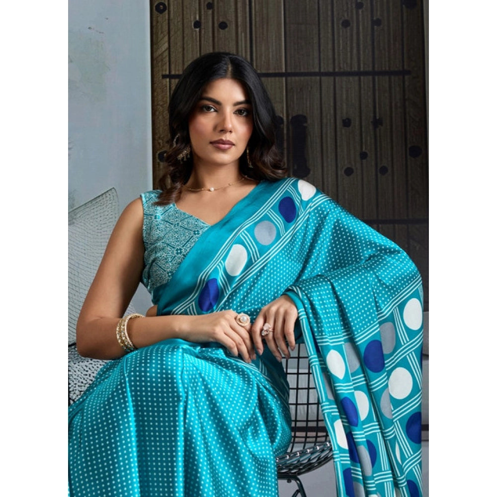 Seduva Women's Satin Crepe Printed Saree With Unstitched Blouse 5.5Mtr (Sky Blue)