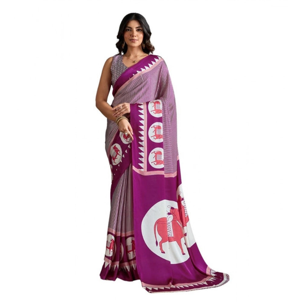 Seduva Women's Satin Crepe Printed Saree With Unstitched Blouse 5.5Mtr (Purple)