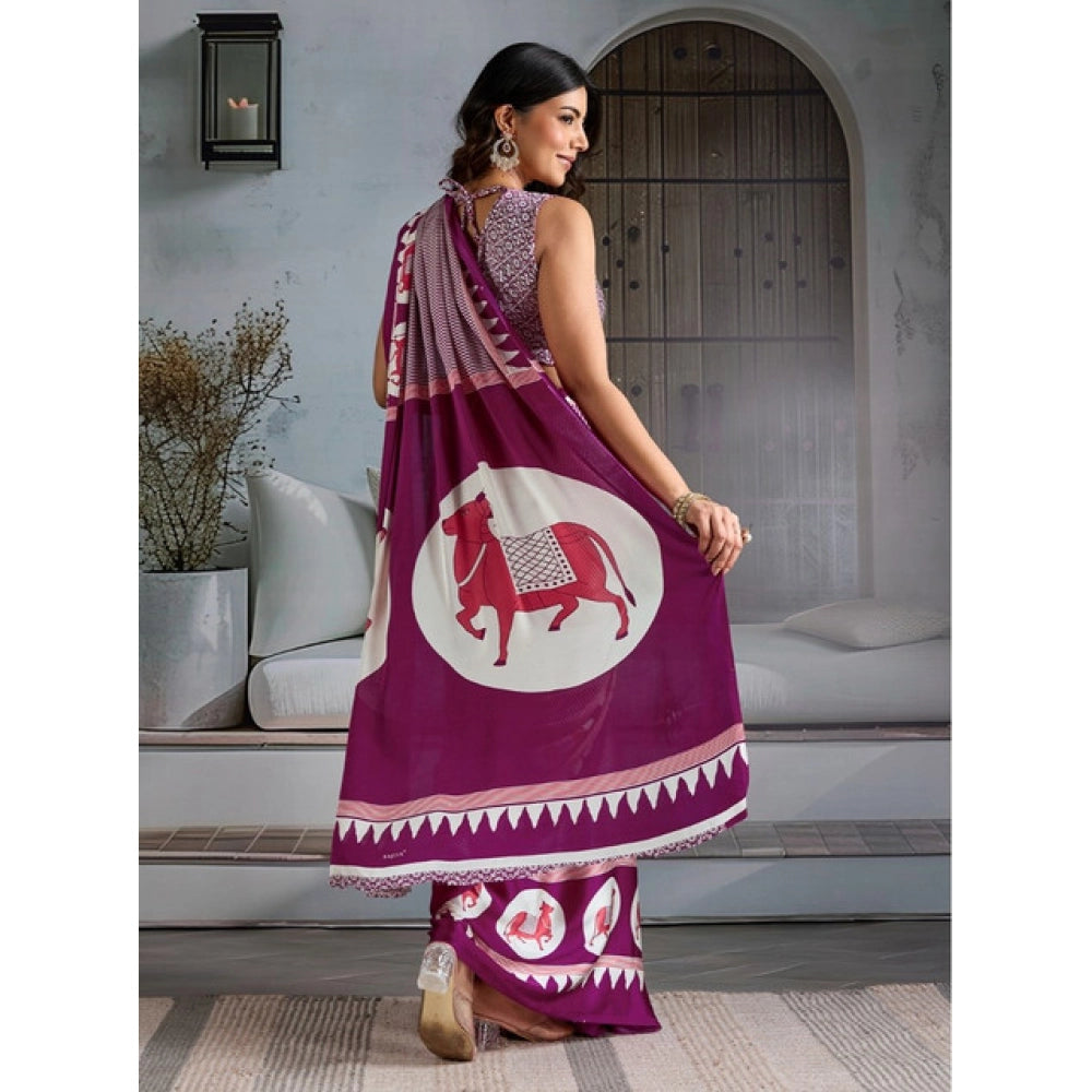Seduva Women's Satin Crepe Printed Saree With Unstitched Blouse 5.5Mtr (Purple)