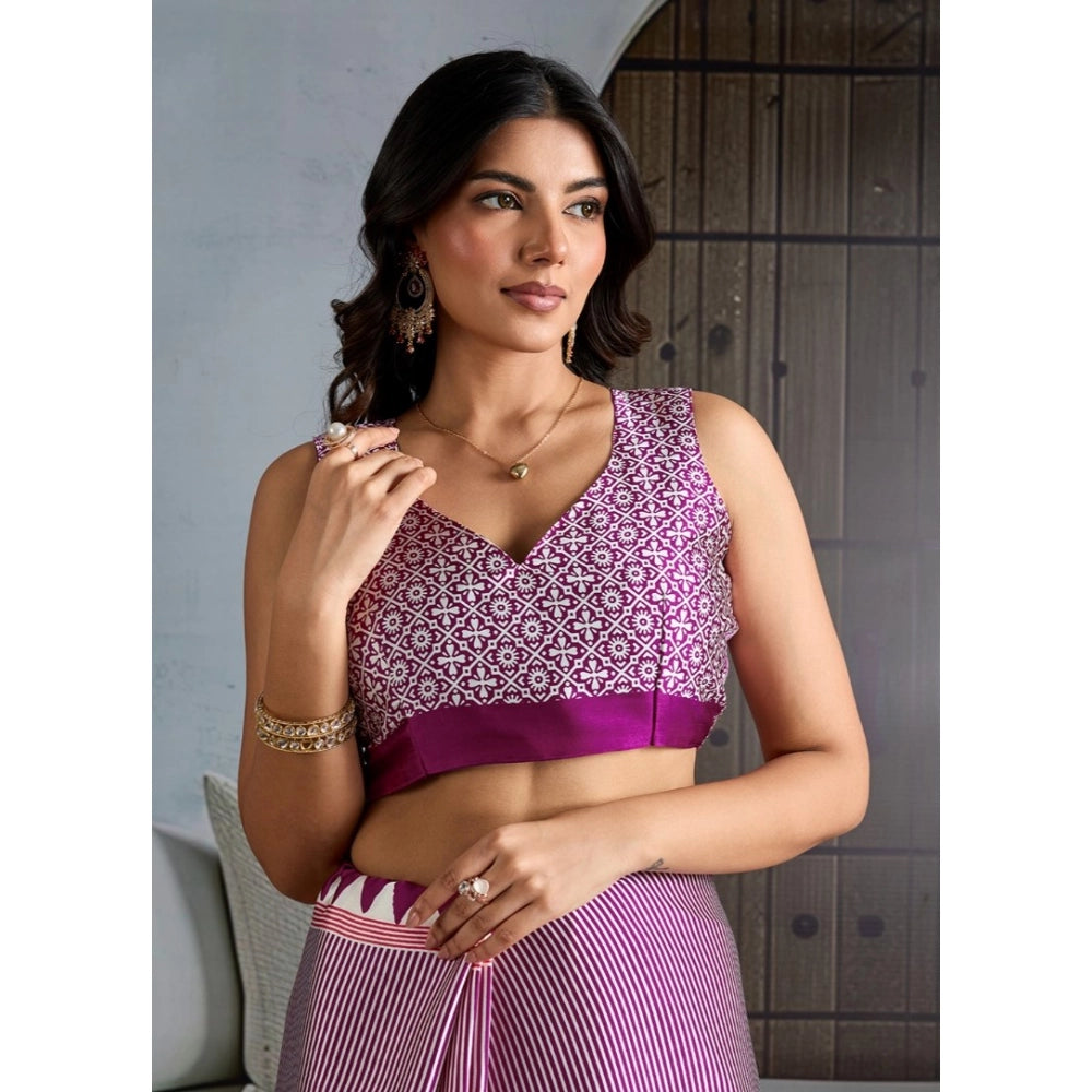 Seduva Women's Satin Crepe Printed Saree With Unstitched Blouse 5.5Mtr (Purple)
