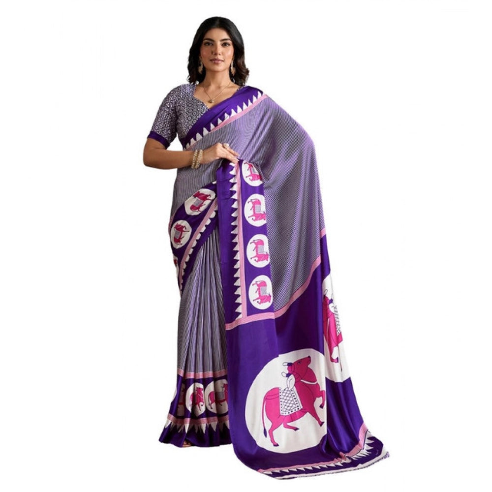 Seduva Women's Satin Crepe Printed Saree With Unstitched Blouse 5.5Mtr (Blue)