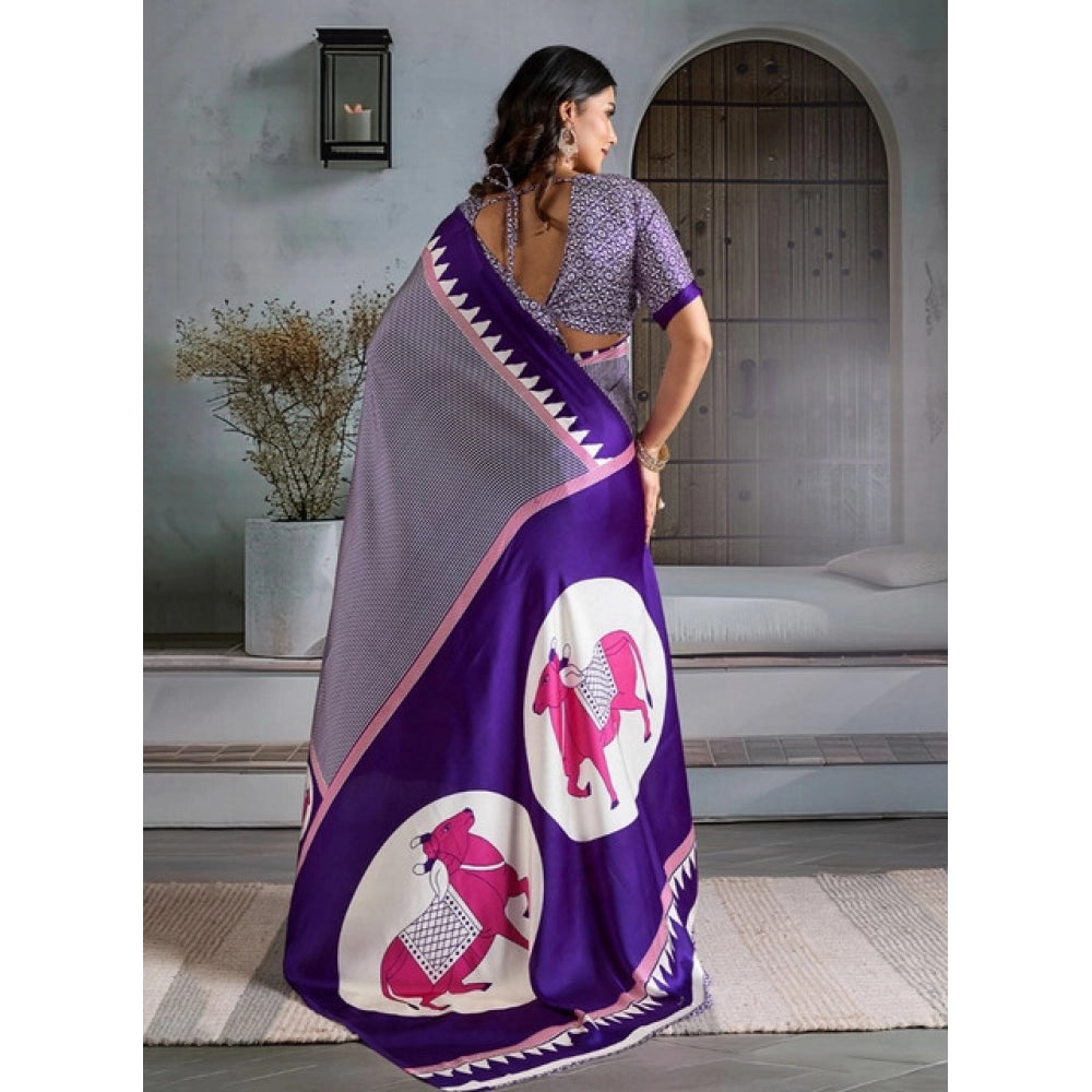 Seduva Women's Satin Crepe Printed Saree With Unstitched Blouse 5.5Mtr (Blue)