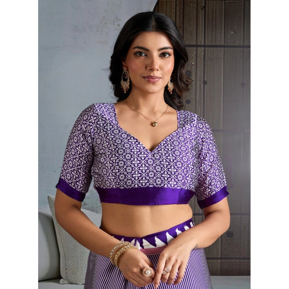 Seduva Women's Satin Crepe Printed Saree With Unstitched Blouse 5.5Mtr (Blue)