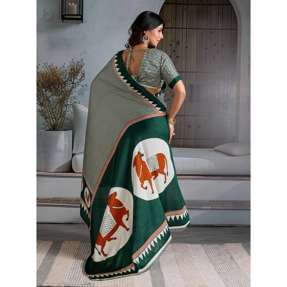 Seduva Women's Satin Crepe Printed Saree With Unstitched Blouse 5.5Mtr (Green)