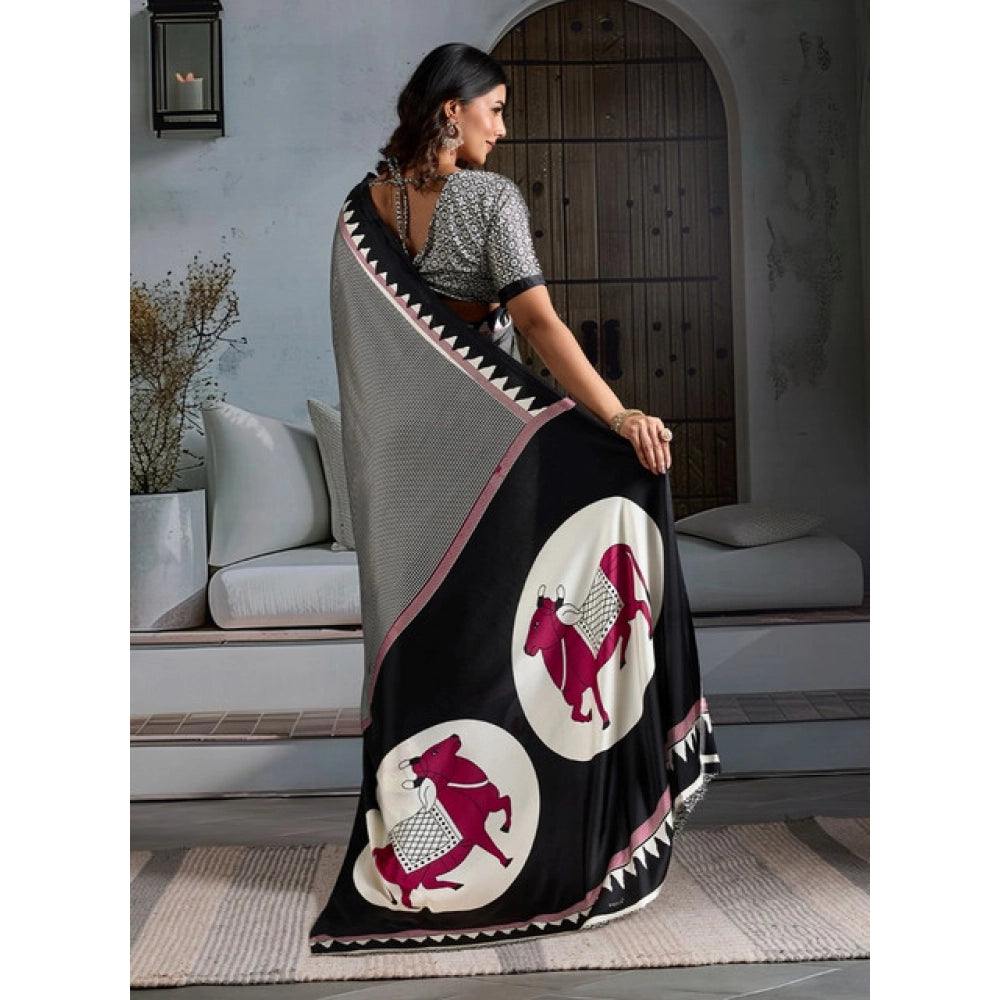 Seduva Women's Satin Crepe Printed Saree With Unstitched Blouse 5.5Mtr (Black)