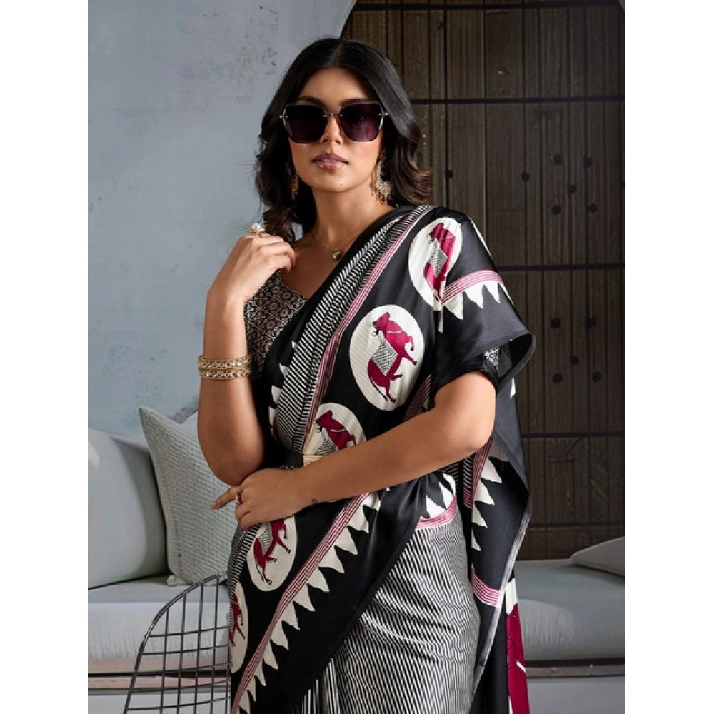 Seduva Women's Satin Crepe Printed Saree With Unstitched Blouse 5.5Mtr (Black)