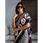 Seduva Women's Satin Crepe Printed Saree With Unstitched Blouse 5.5Mtr (Black)