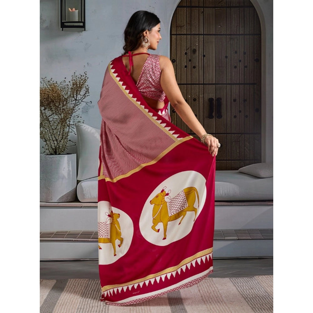 Seduva Women's Satin Crepe Printed Saree With Unstitched Blouse 5.5Mtr (Red)