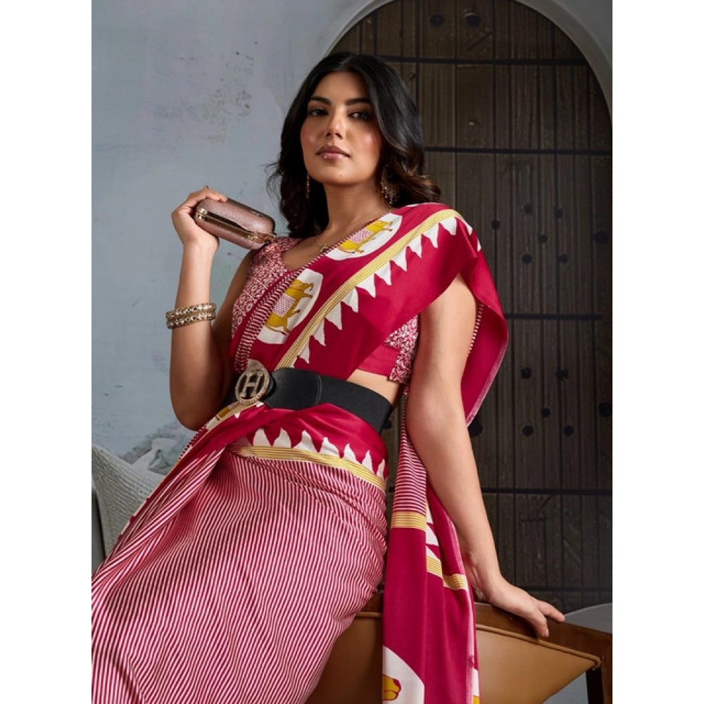 Seduva Women's Satin Crepe Printed Saree With Unstitched Blouse 5.5Mtr (Red)