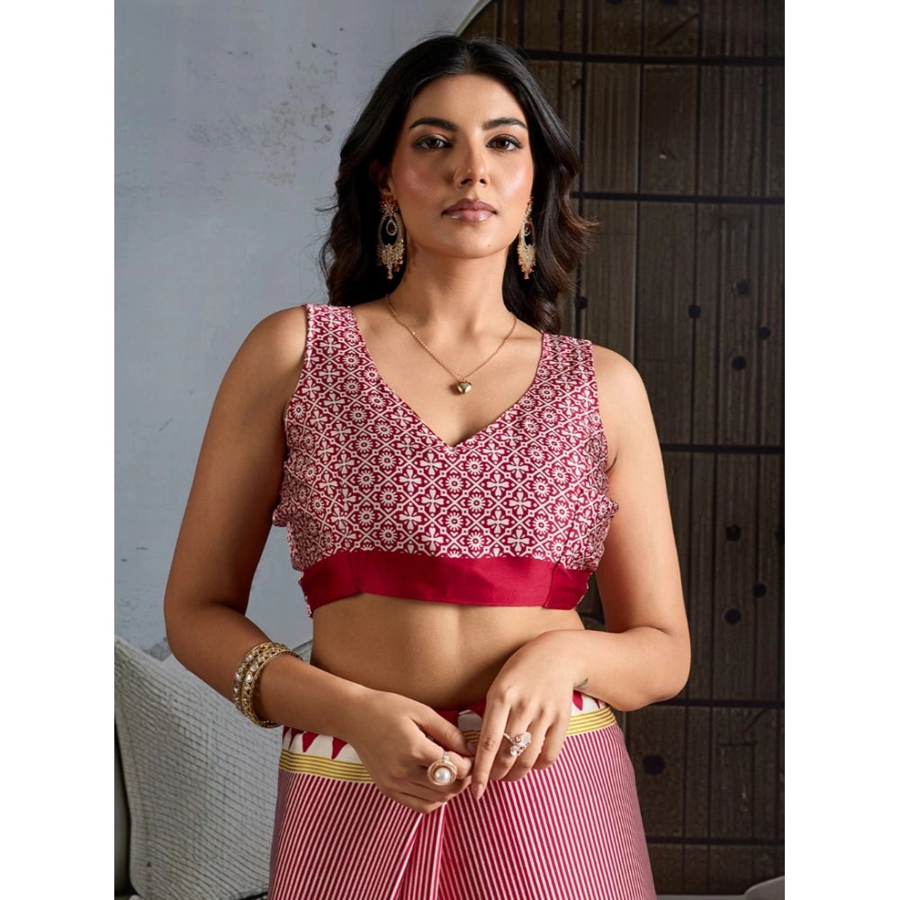 Seduva Women's Satin Crepe Printed Saree With Unstitched Blouse 5.5Mtr (Red)