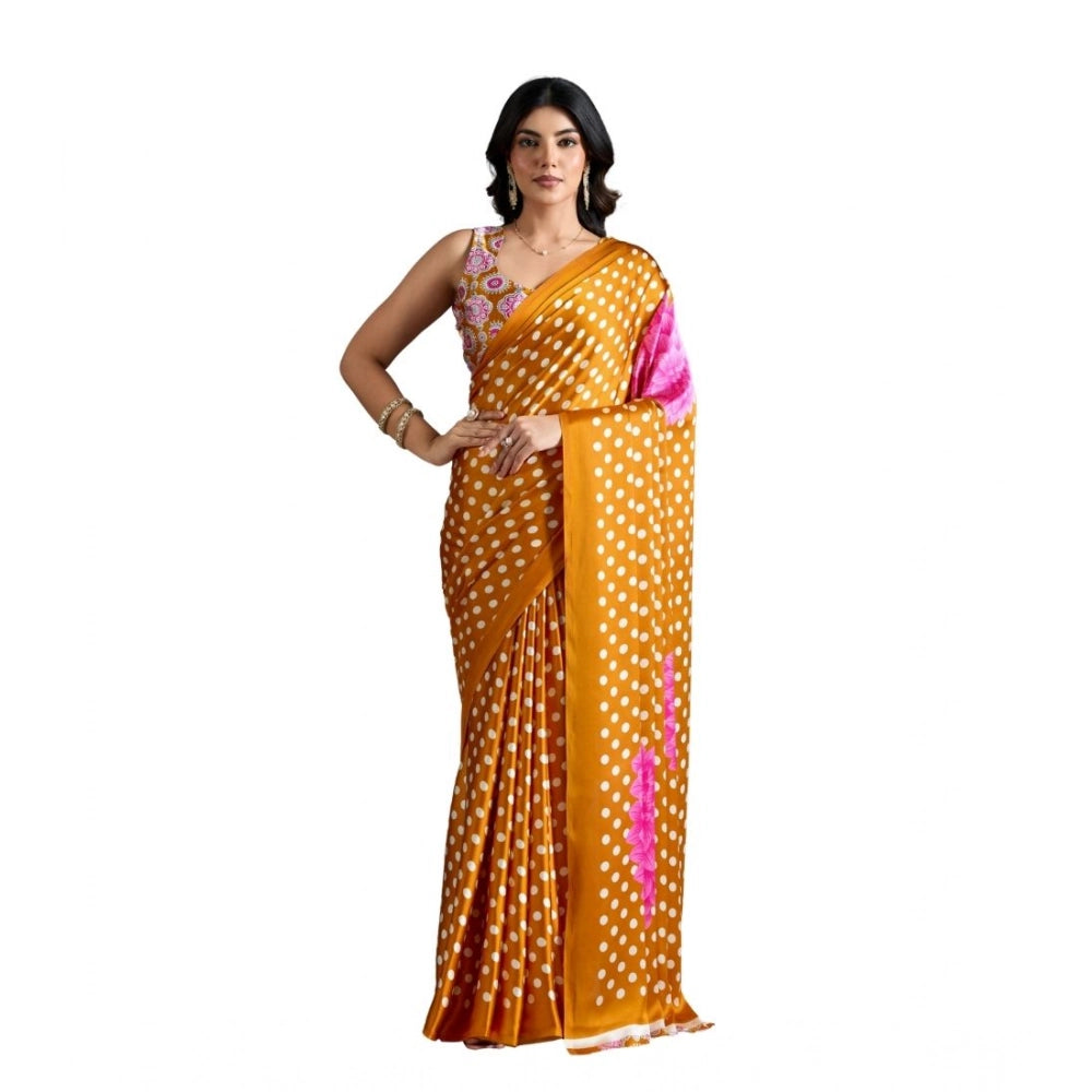 Seduva Women's Satin Crepe Printed Saree With Unstitched Blouse 5.5Mtr (Mustard)