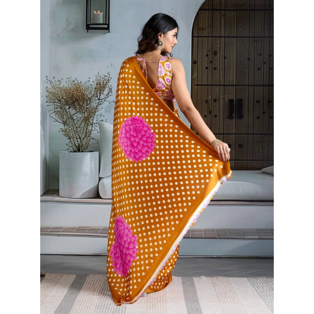 Seduva Women's Satin Crepe Printed Saree With Unstitched Blouse 5.5Mtr (Mustard)