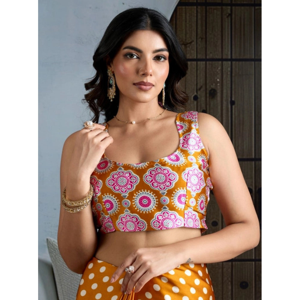 Seduva Women's Satin Crepe Printed Saree With Unstitched Blouse 5.5Mtr (Mustard)