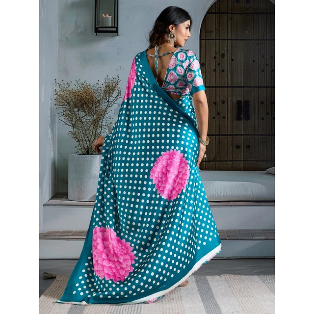 Seduva Women's Satin Crepe Printed Saree With Unstitched Blouse 5.5Mtr (Sky Blue)