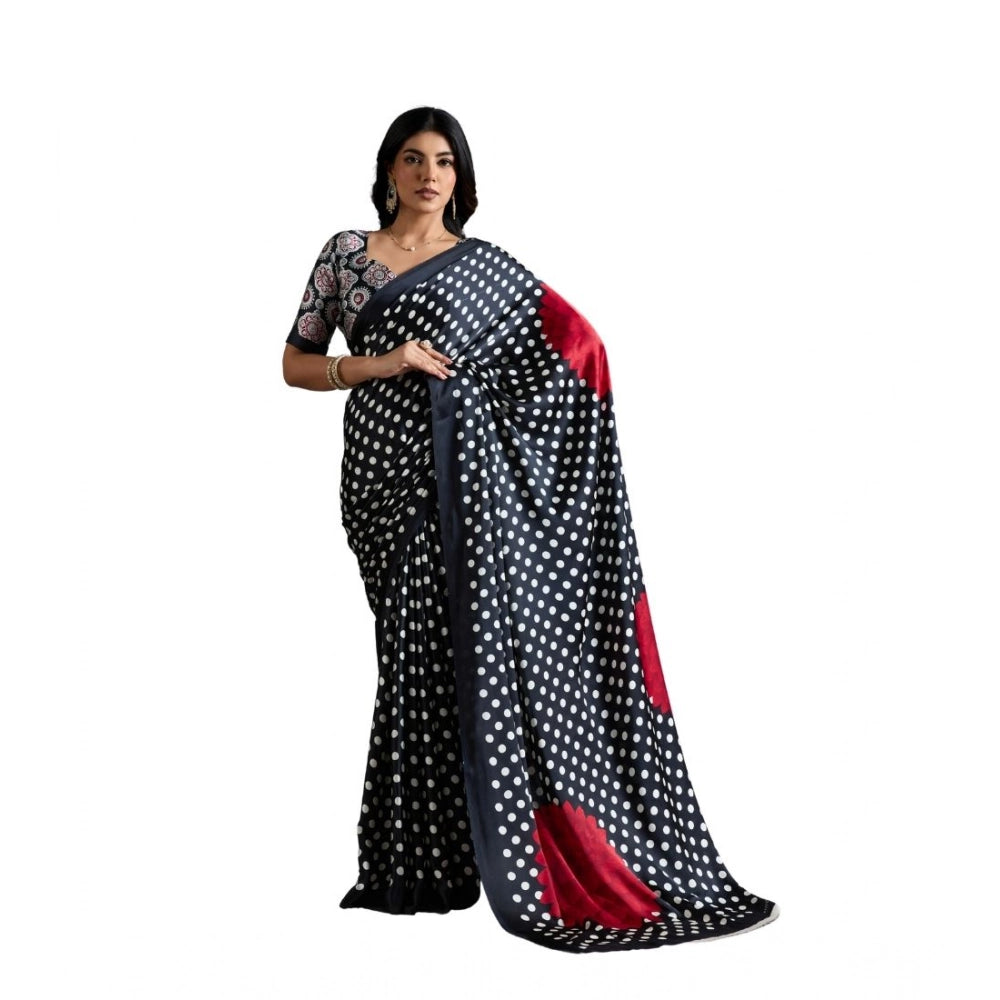 Seduva Women's Satin Crepe Printed Saree With Unstitched Blouse 5.5Mtr (Black)