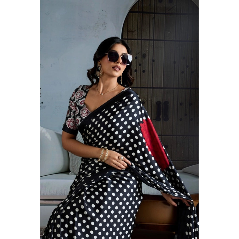 Seduva Women's Satin Crepe Printed Saree With Unstitched Blouse 5.5Mtr (Black)