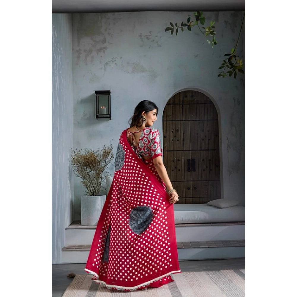 Seduva Women's Satin Crepe Printed Saree With Unstitched Blouse 5.5Mtr (Red)