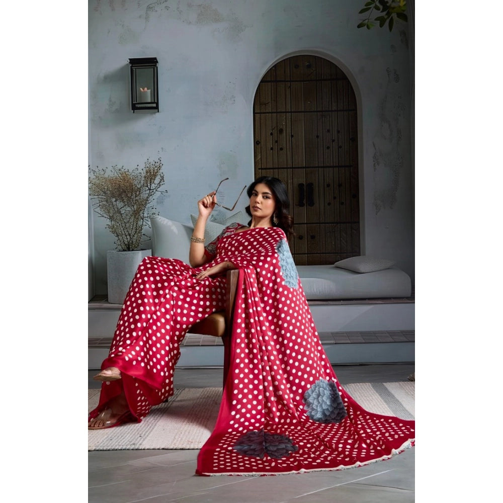 Seduva Women's Satin Crepe Printed Saree With Unstitched Blouse 5.5Mtr (Red)