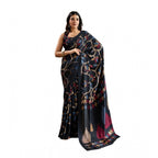 Seduva Women's Satin Crepe Printed Saree With Unstitched Blouse 5.5Mtr (Black)
