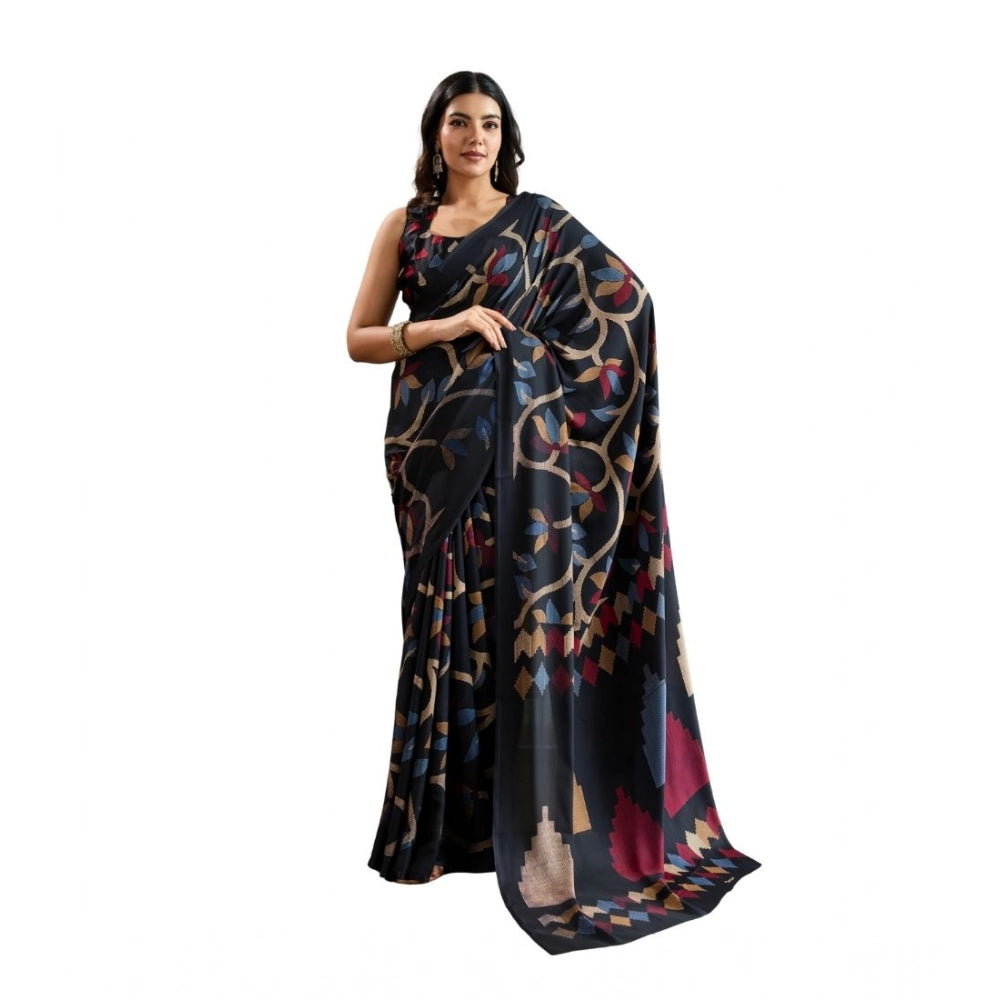 Seduva Women's Satin Crepe Printed Saree With Unstitched Blouse 5.5Mtr (Black)