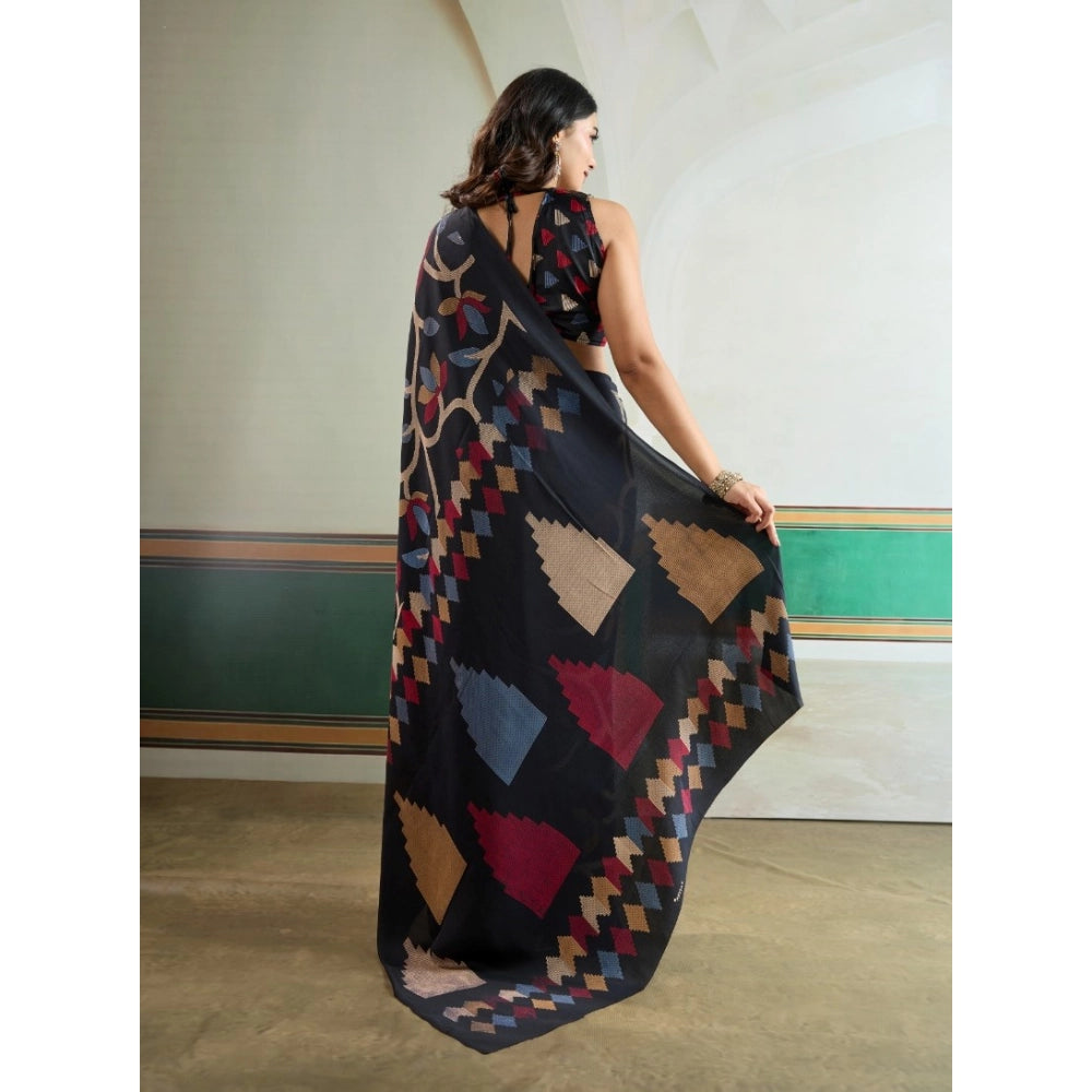 Seduva Women's Satin Crepe Printed Saree With Unstitched Blouse 5.5Mtr (Black)