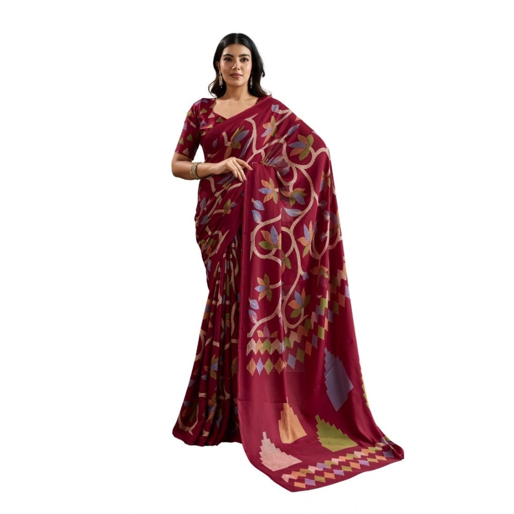 Seduva Women's Satin Crepe Printed Saree With Unstitched Blouse 5.5Mtr (Maroon)