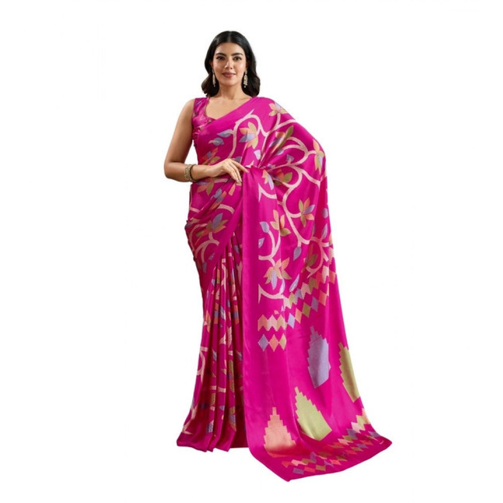 Seduva Women's Satin Crepe Printed Saree With Unstitched Blouse 5.5Mtr (Pink)