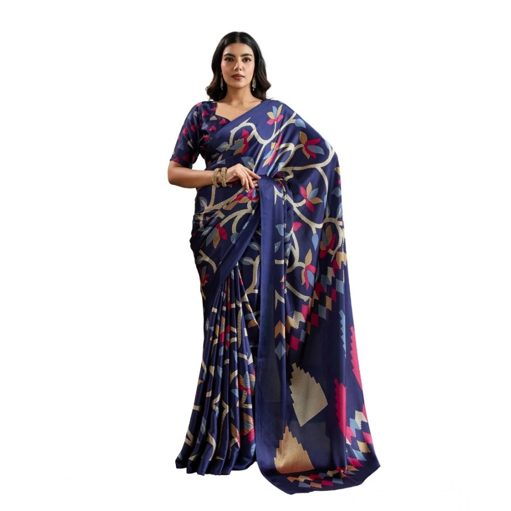Seduva Women's Satin Crepe Printed Saree With Unstitched Blouse 5.5Mtr (Navy Blue)