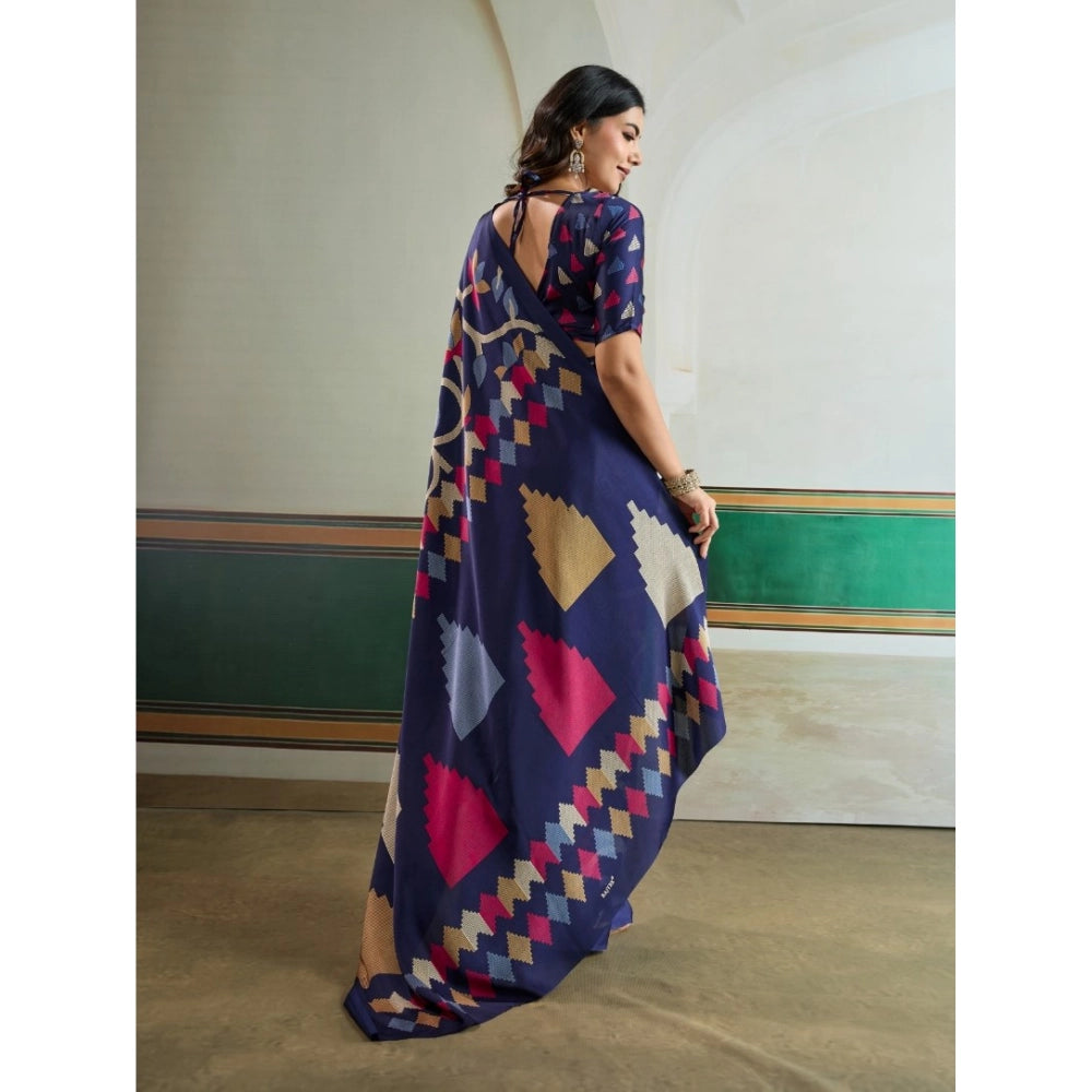 Seduva Women's Satin Crepe Printed Saree With Unstitched Blouse 5.5Mtr (Navy Blue)