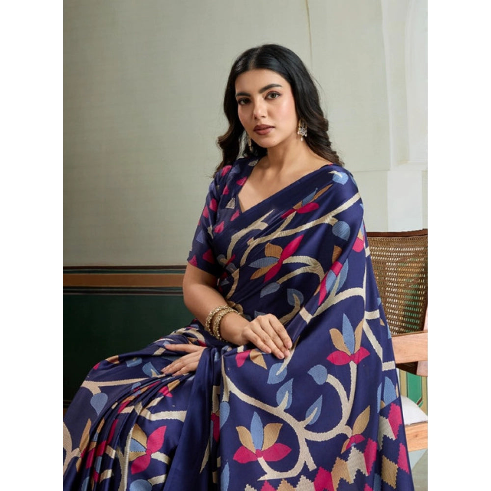 Seduva Women's Satin Crepe Printed Saree With Unstitched Blouse 5.5Mtr (Navy Blue)