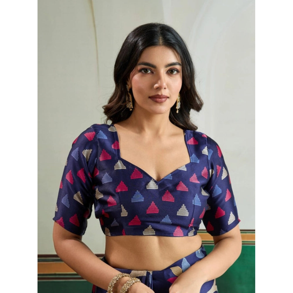 Seduva Women's Satin Crepe Printed Saree With Unstitched Blouse 5.5Mtr (Navy Blue)