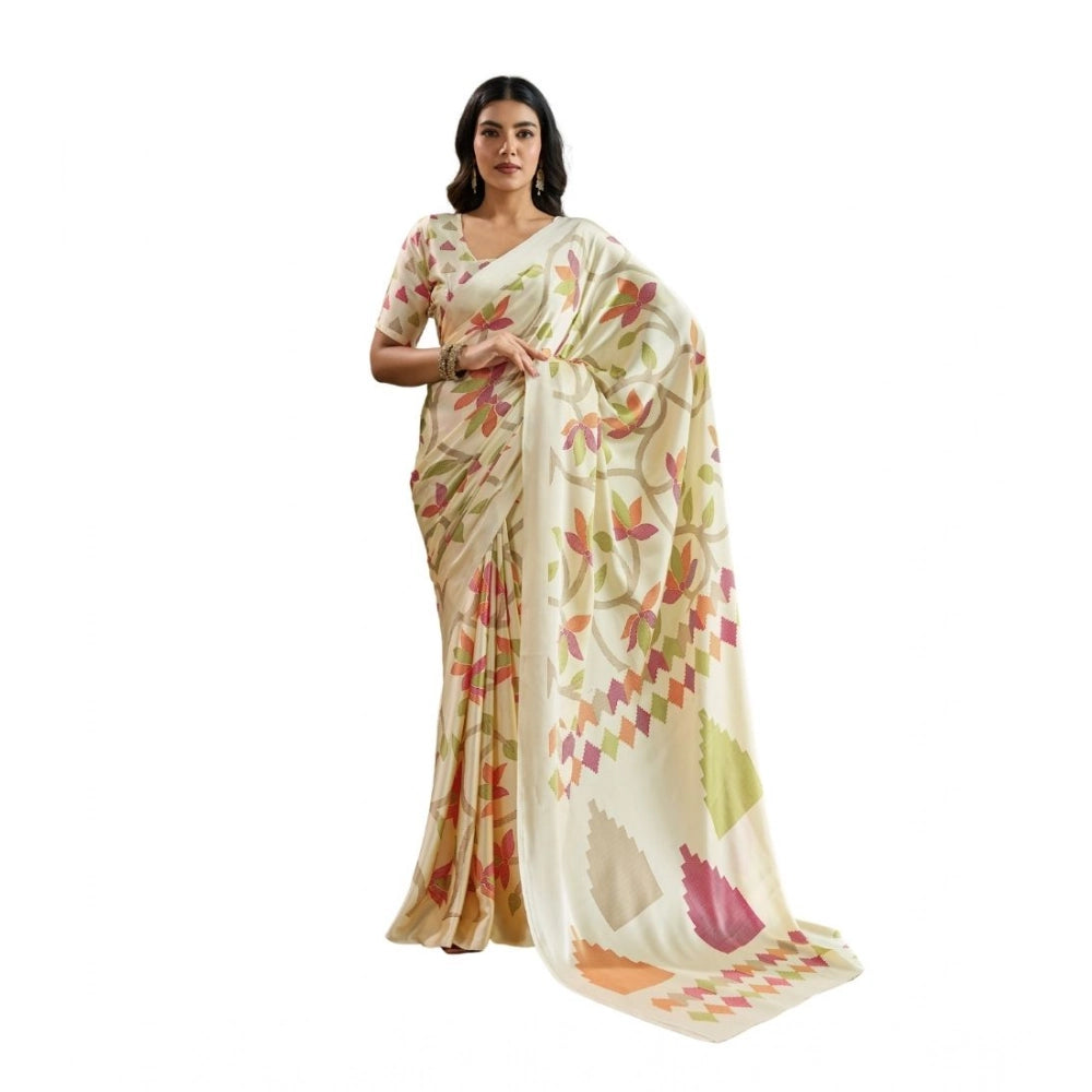 Seduva Women's Satin Crepe Printed Saree With Unstitched Blouse 5.5Mtr (Off White)