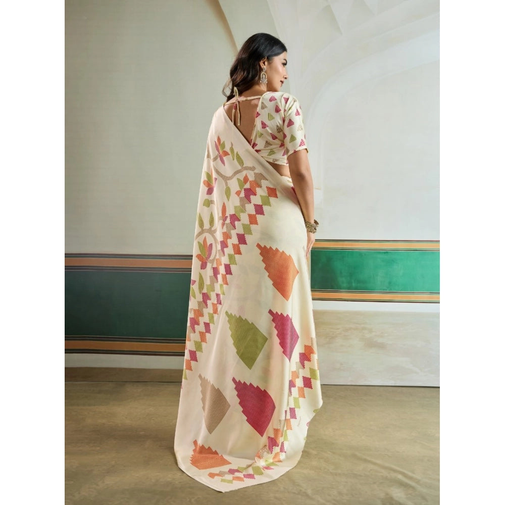 Seduva Women's Satin Crepe Printed Saree With Unstitched Blouse 5.5Mtr (Off White)