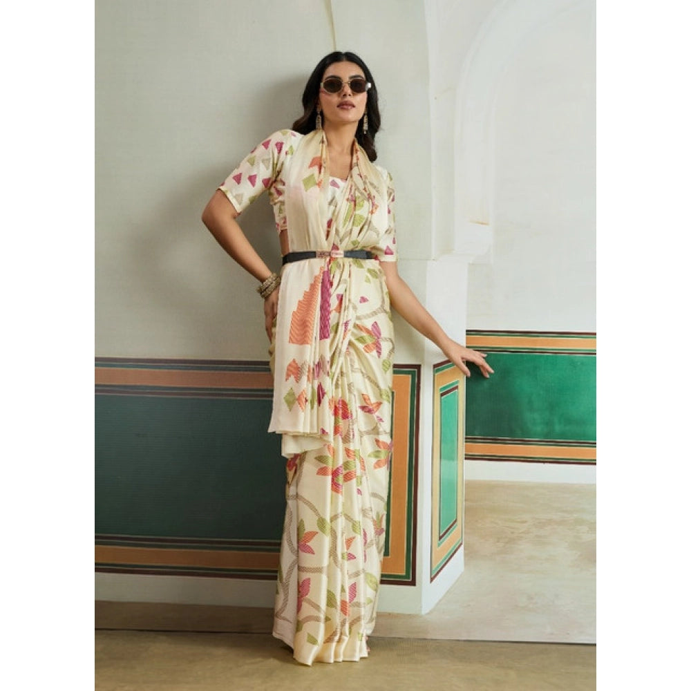 Seduva Women's Satin Crepe Printed Saree With Unstitched Blouse 5.5Mtr (Off White)