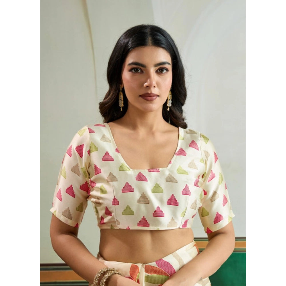 Seduva Women's Satin Crepe Printed Saree With Unstitched Blouse 5.5Mtr (Off White)