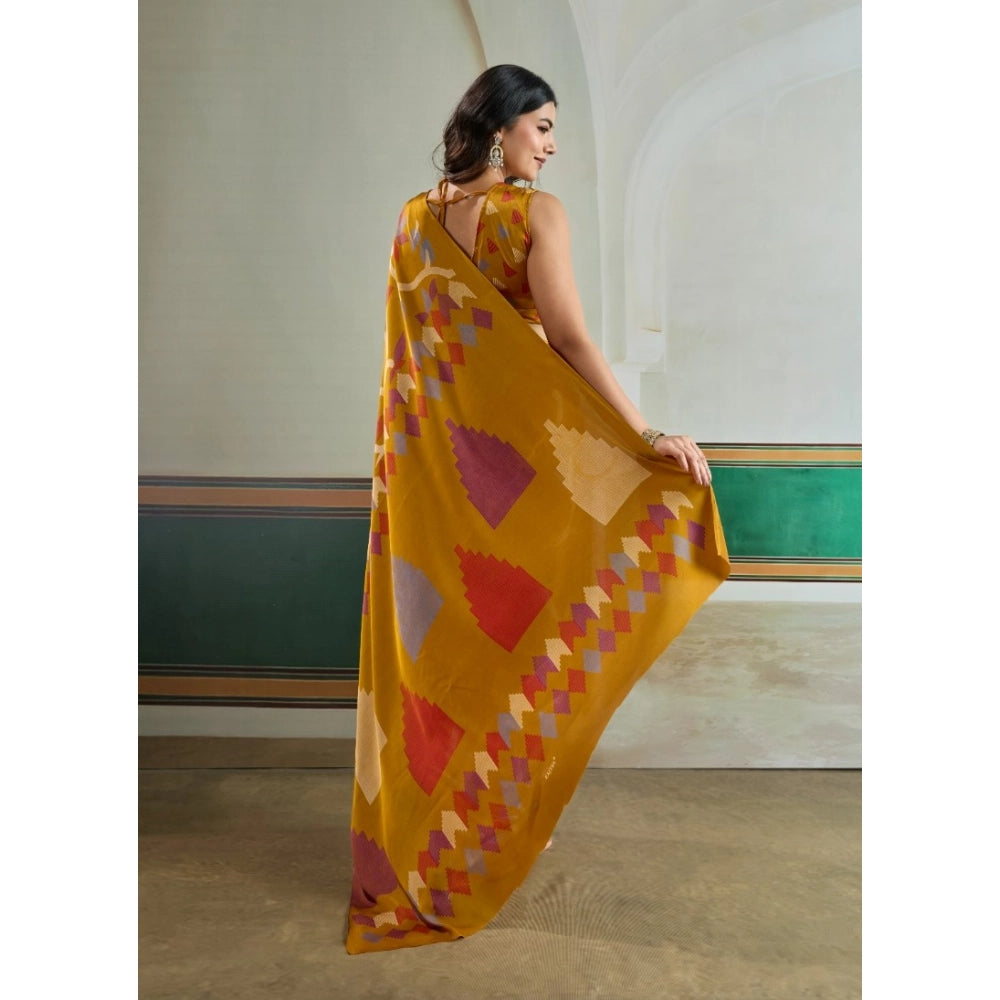 Seduva Women's Satin Crepe Printed Saree With Unstitched Blouse 5.5Mtr (Mustard)