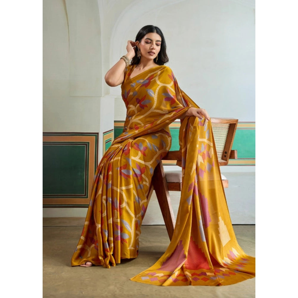 Seduva Women's Satin Crepe Printed Saree With Unstitched Blouse 5.5Mtr (Mustard)