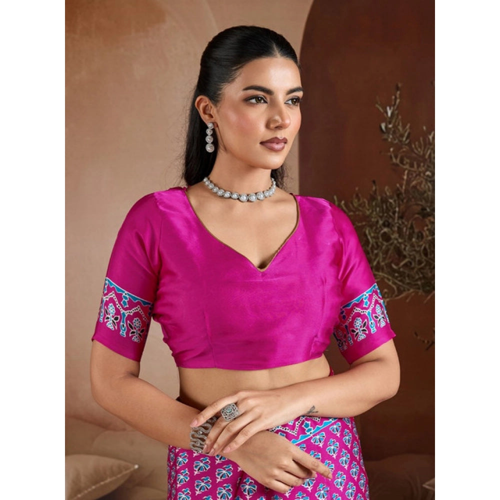 Seduva Women's Satin Crepe Printed Saree With Unstitched Blouse 5.5Mtr (Pink)