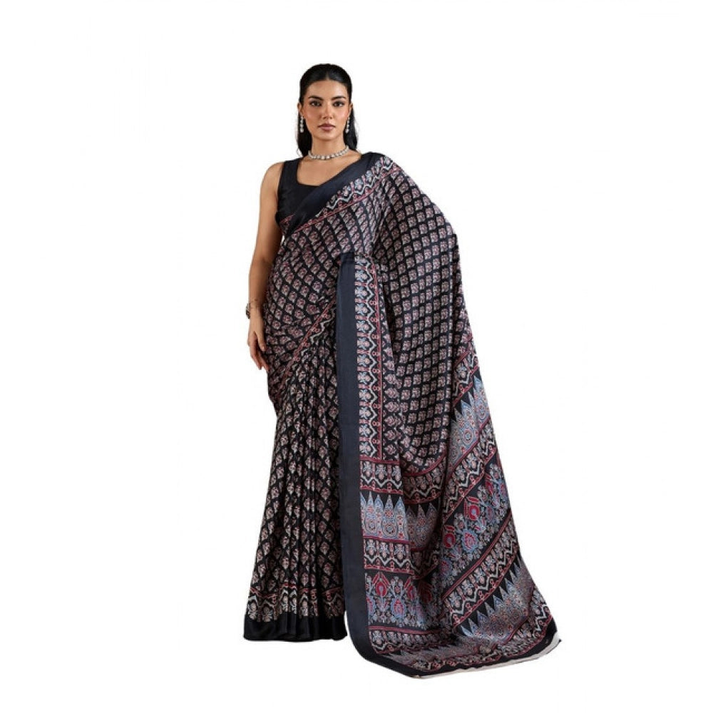 Seduva Women's Satin Crepe Printed Saree With Unstitched Blouse 5.5Mtr (Black)