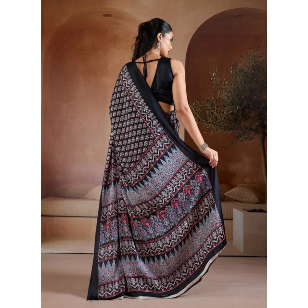 Seduva Women's Satin Crepe Printed Saree With Unstitched Blouse 5.5Mtr (Black)