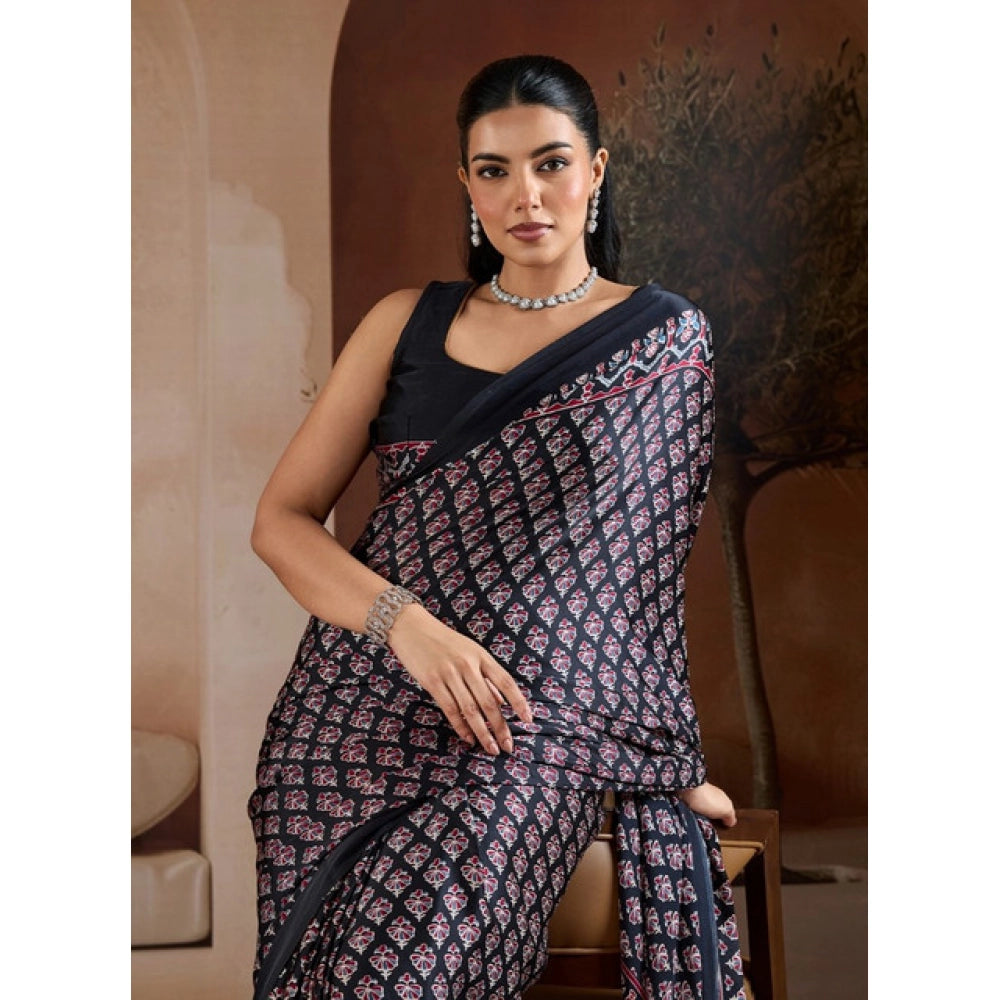 Seduva Women's Satin Crepe Printed Saree With Unstitched Blouse 5.5Mtr (Black)
