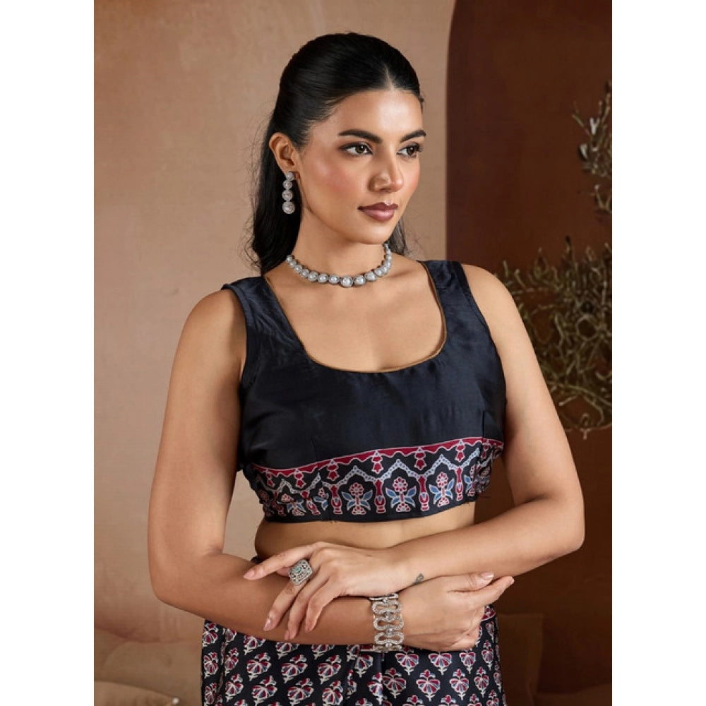 Seduva Women's Satin Crepe Printed Saree With Unstitched Blouse 5.5Mtr (Black)