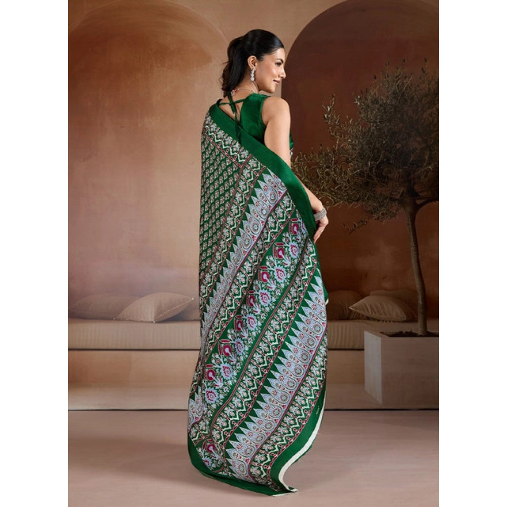 Seduva Women's Satin Crepe Printed Saree With Unstitched Blouse 5.5Mtr (Green)