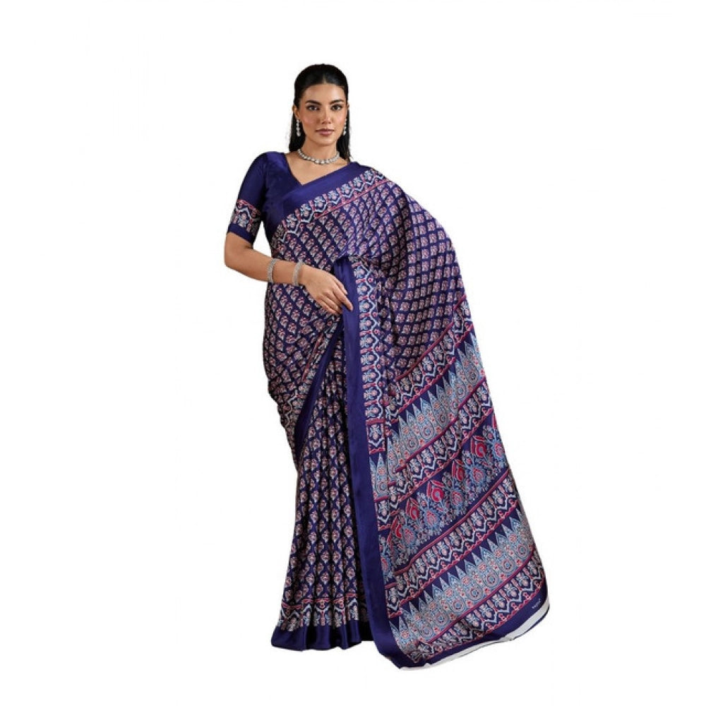 Seduva Women's Satin Crepe Printed Saree With Unstitched Blouse 5.5Mtr (Navy Blue)