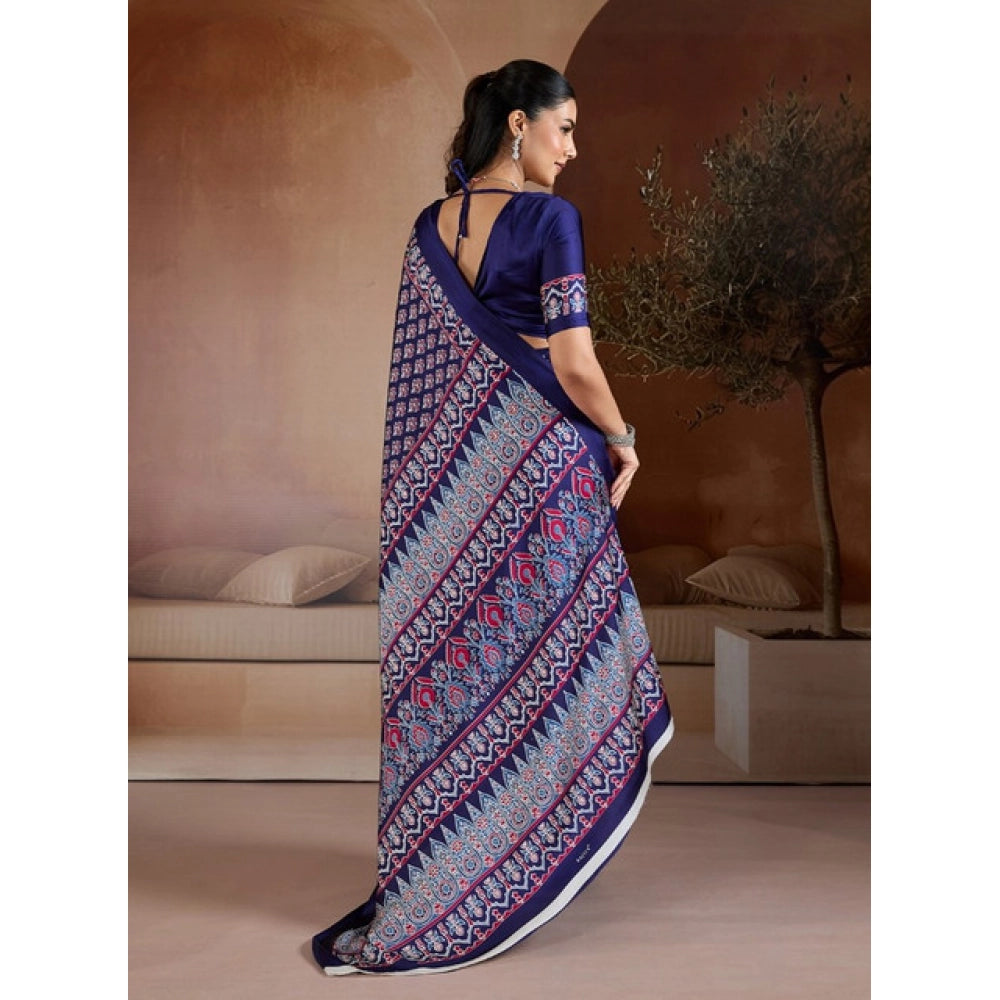 Seduva Women's Satin Crepe Printed Saree With Unstitched Blouse 5.5Mtr (Navy Blue)