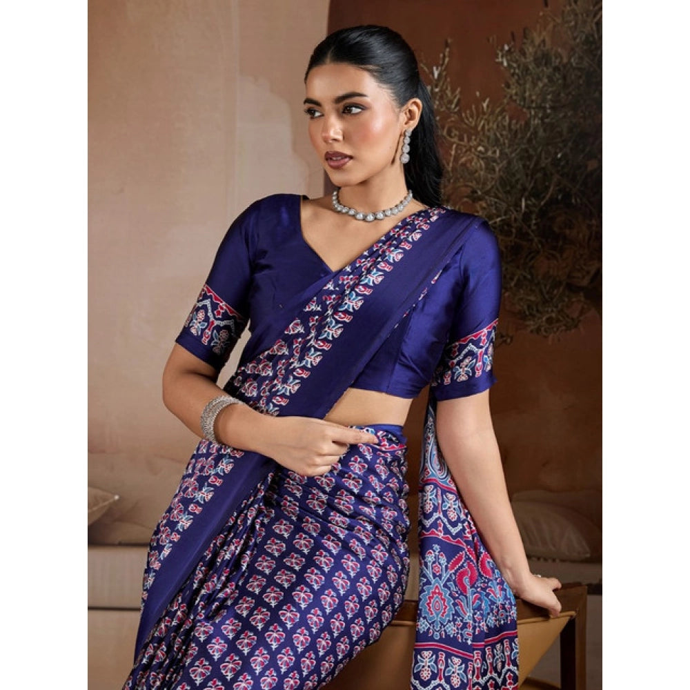 Seduva Women's Satin Crepe Printed Saree With Unstitched Blouse 5.5Mtr (Navy Blue)