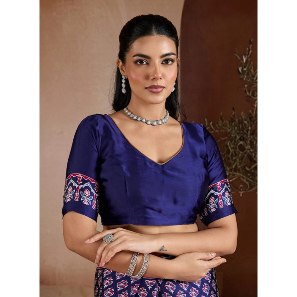 Seduva Women's Satin Crepe Printed Saree With Unstitched Blouse 5.5Mtr (Navy Blue)