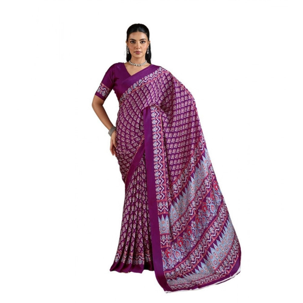 Seduva Women's Satin Crepe Printed Saree With Unstitched Blouse 5.5Mtr (Purple)