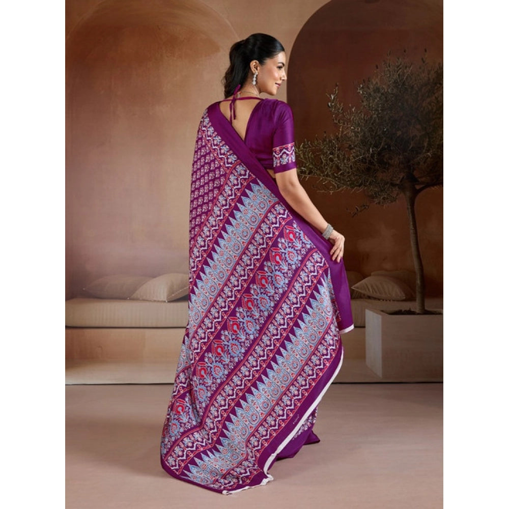 Seduva Women's Satin Crepe Printed Saree With Unstitched Blouse 5.5Mtr (Purple)